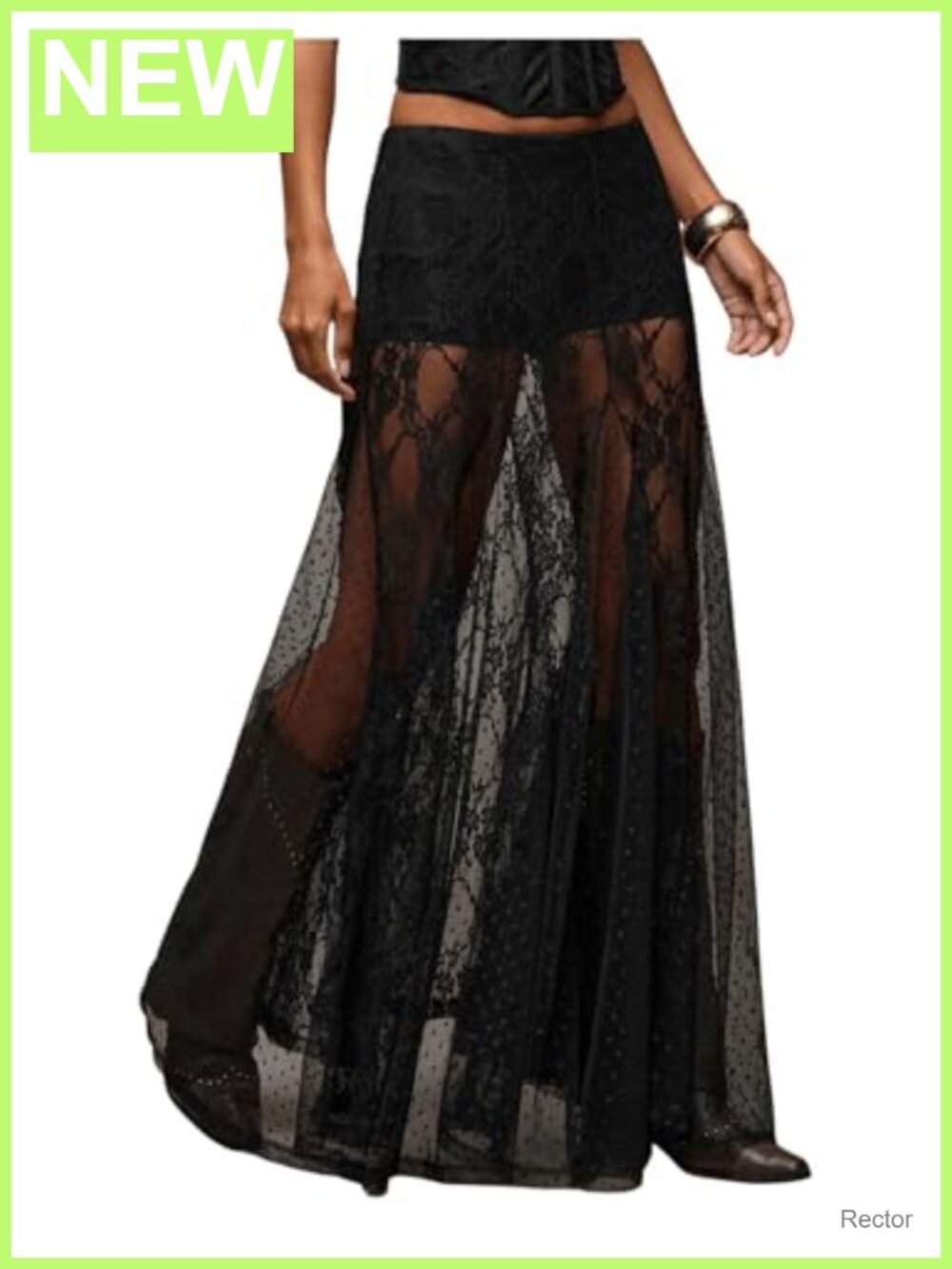 Lace Sheer Maxi Skirt Polka Dot Ruffle Gothic Low Rise A-Line Flowy